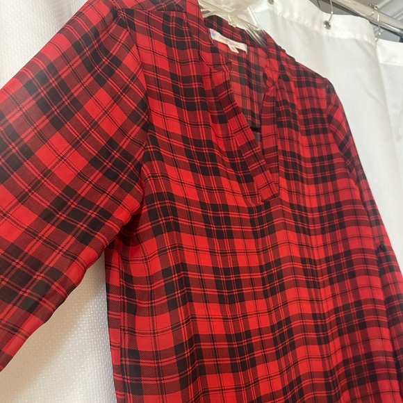 Almost Famous Tops - Hi/Lo Sheer Black and Red Plaid, Long Sleeve or 3/4 Button Sleeves Blouse